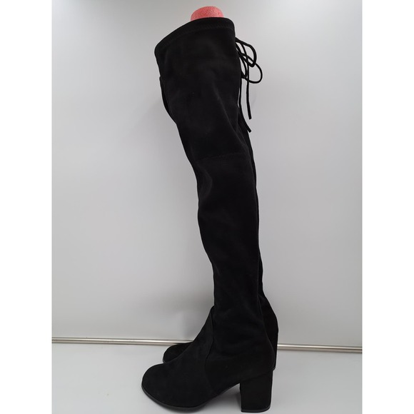Black suede low heel Thigh High Rubber traction sole Back tie Boots 250 8.5 - Picture 2 of 6